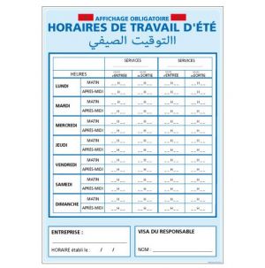 Panneau HORAIRE DE TRAVAIL ETE(A0584M)