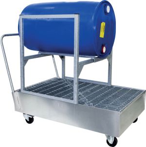 Chariot de rétention mobile pour 1 fût couché en acier galvanisé -- 220 litres