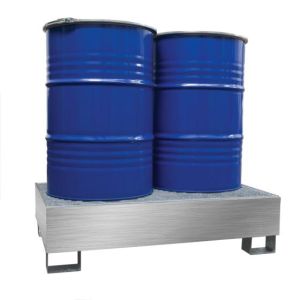 Bac de rétention fixe 2 fûts debout en inox — passage de fourche intégré