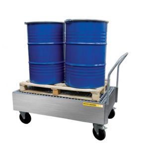 Chariot de rétention 2 fûts debout en inox avec roulettes — 440 litres